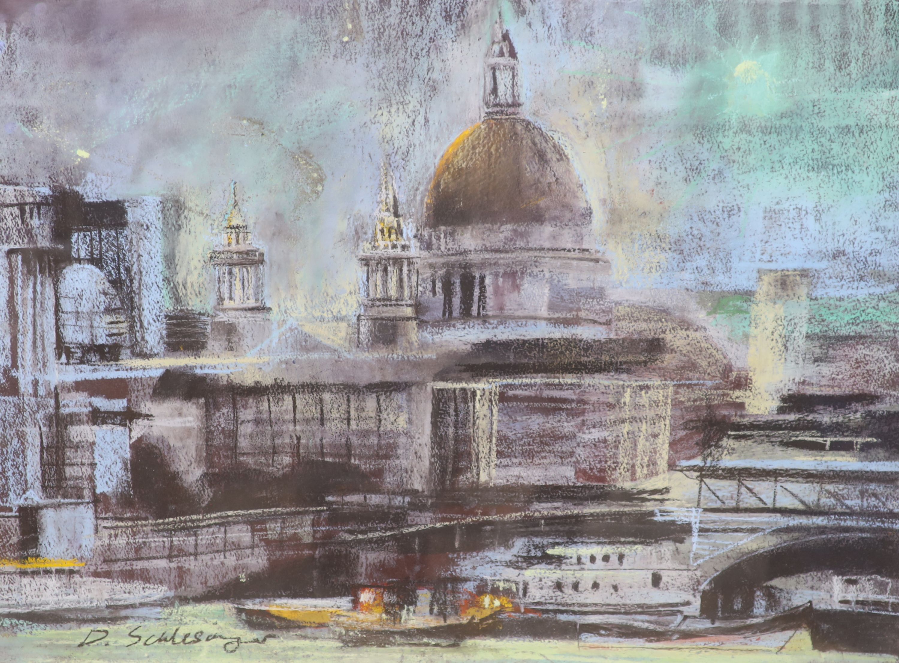 D. Schlesinger, three pastels, St Paul's from The Thames and related studies, signed, largest 57 x 74cm